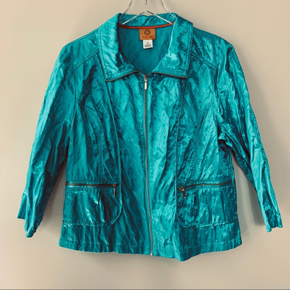 Ruby Rd shiny turquoise zip front jacket sz 14